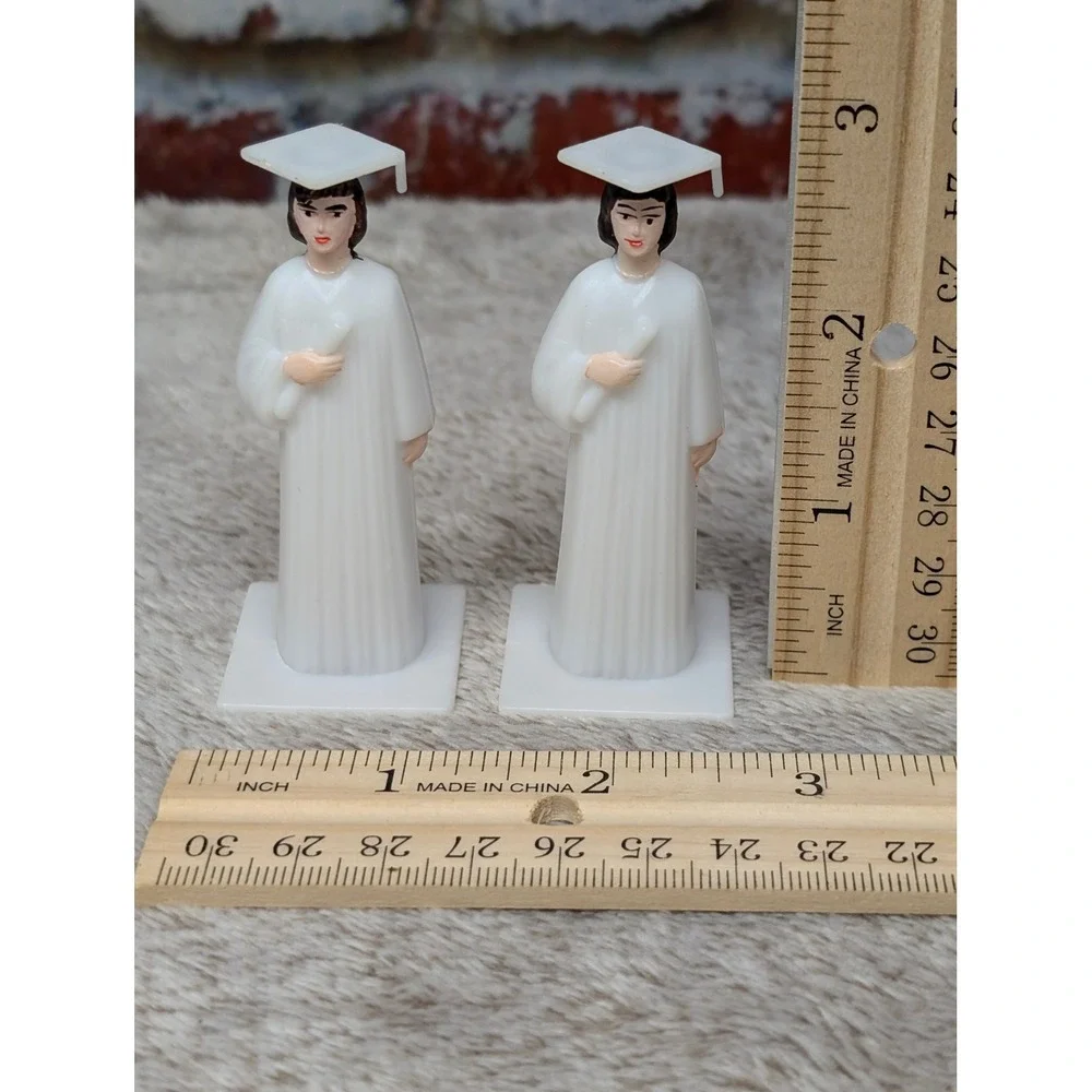 Vintage Graduation Cake Toppers Pair White Cap Gown Diploma Plastic Figures